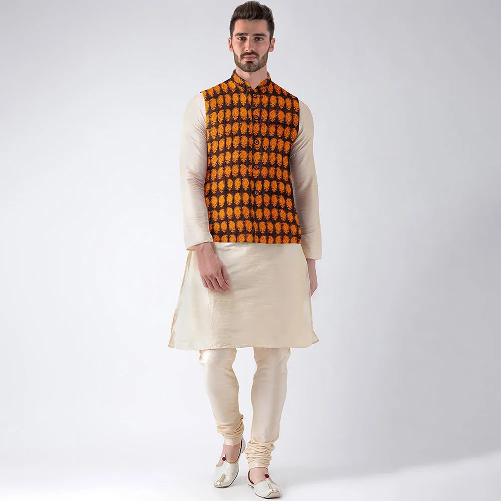 Orange - Men Nehru Jacket in Bagh Block Printing