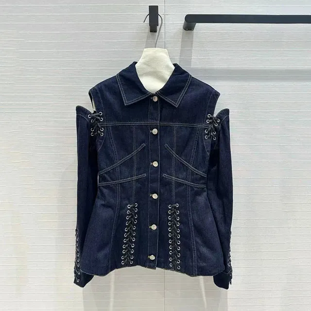 Pre Order:  Casual Lace-Up High Waisted Denim Jacket