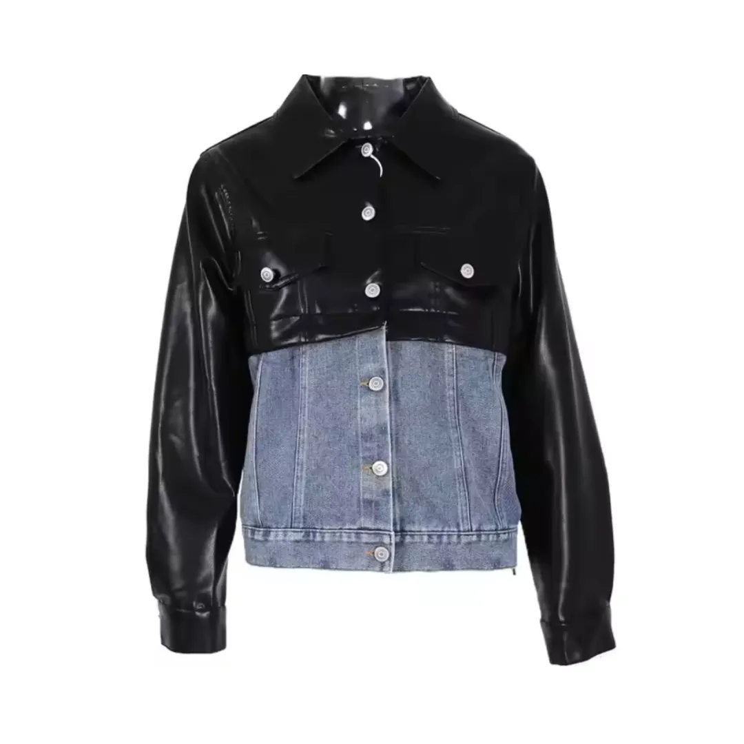 Pre Order: Detachable Denim Cropped Leather Jacket