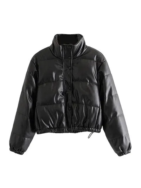 Pre Order:  Faux Leather Stretch Hem Padded Jacket