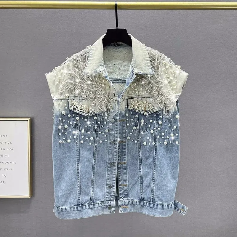 Pre Order: Pearl Beaded Diamond Blue Short Denim Vest