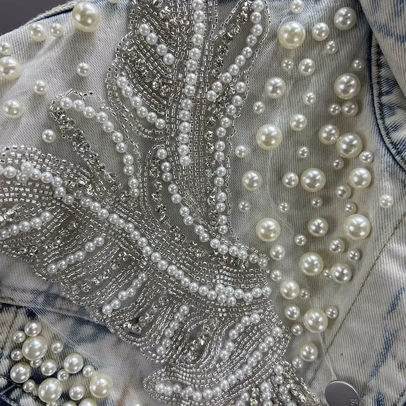 Pre Order: Pearl Beaded Diamond Blue Short Denim Vest