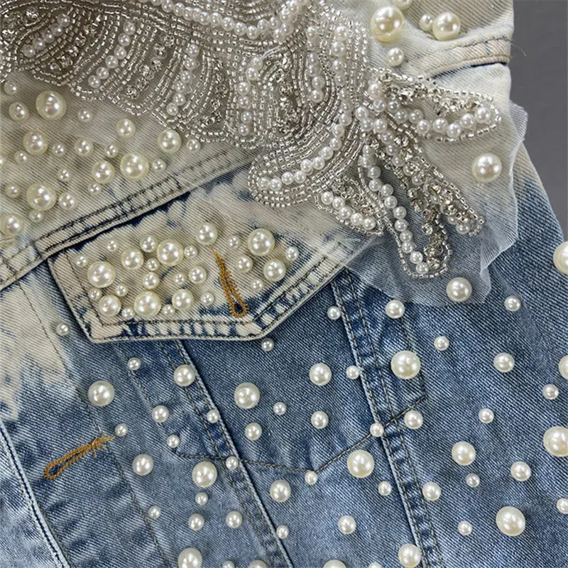 Pre Order: Pearl Beaded Diamond Blue Short Denim Vest