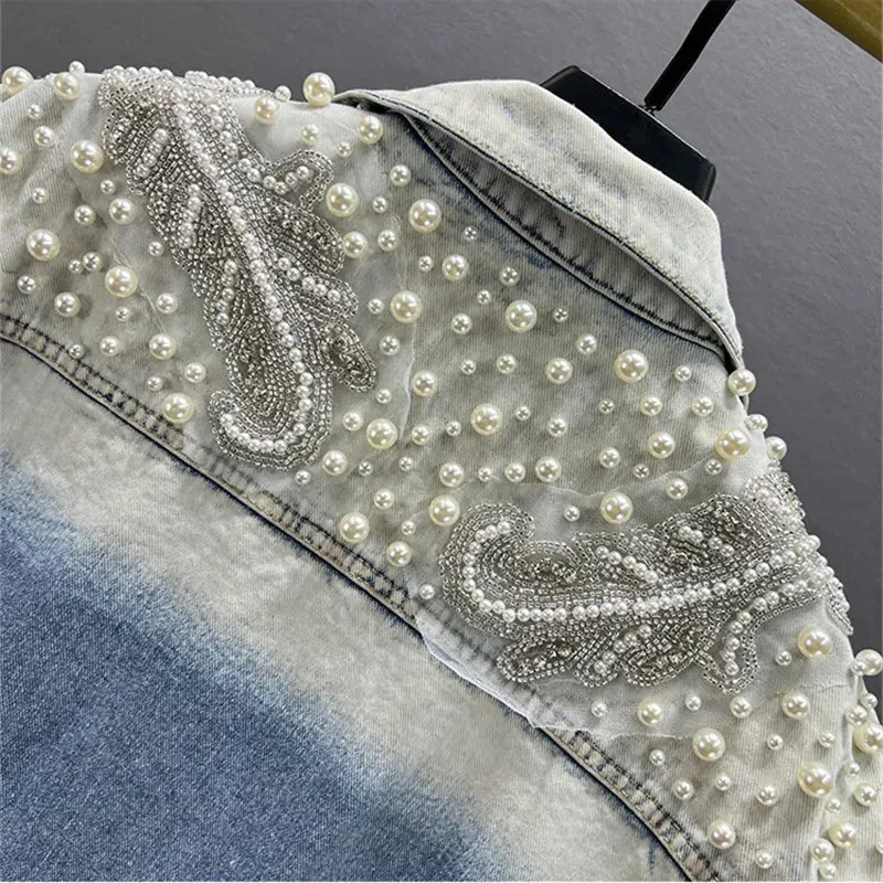 Pre Order: Pearl Beaded Diamond Blue Short Denim Vest