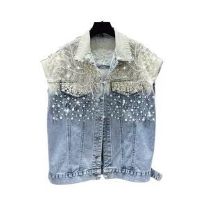 Pre Order: Pearl Beaded Diamond Blue Short Denim Vest