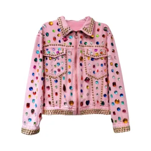 Pre Order:  Rivet Beaded Diamond Pink Denim Loose Jacket