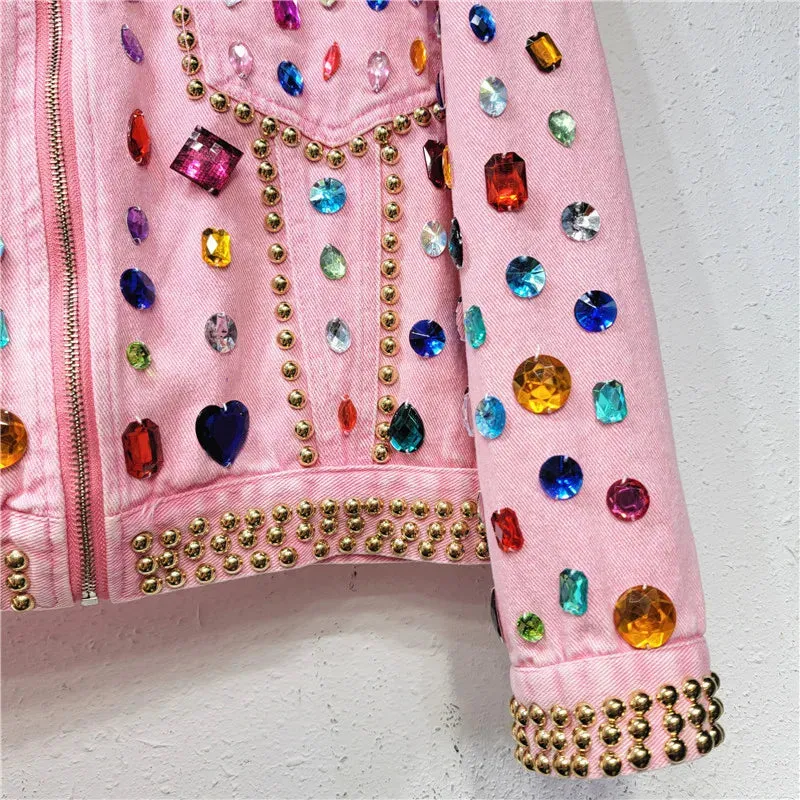 Pre Order:  Rivet Beaded Diamond Pink Denim Loose Jacket