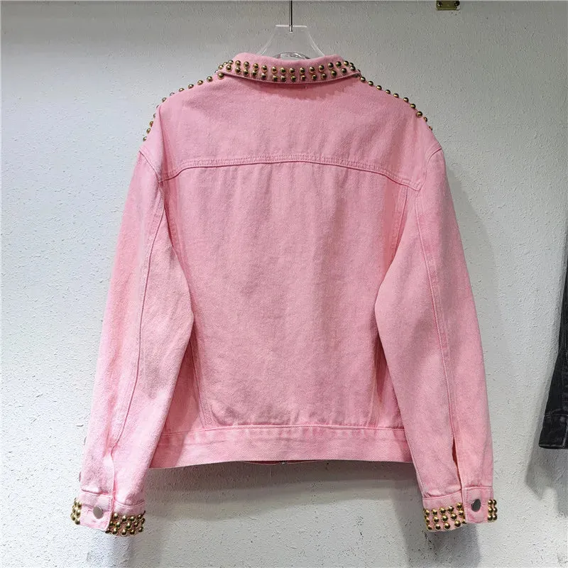 Pre Order:  Rivet Beaded Diamond Pink Denim Loose Jacket