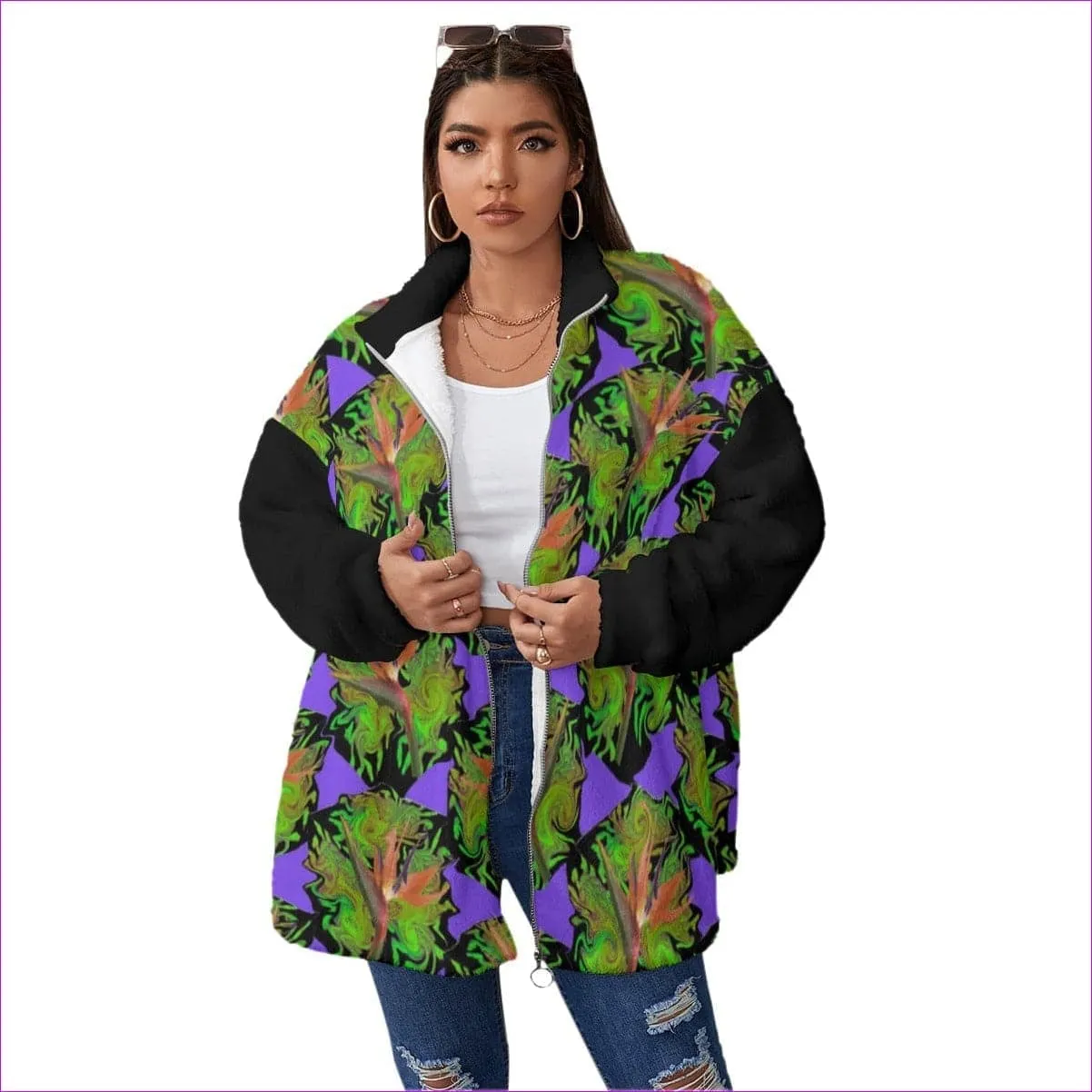 Psychedelic Paradise Womens Borg Fleece Stand-up Collar Coat With Zipper Closure (Plus Size)