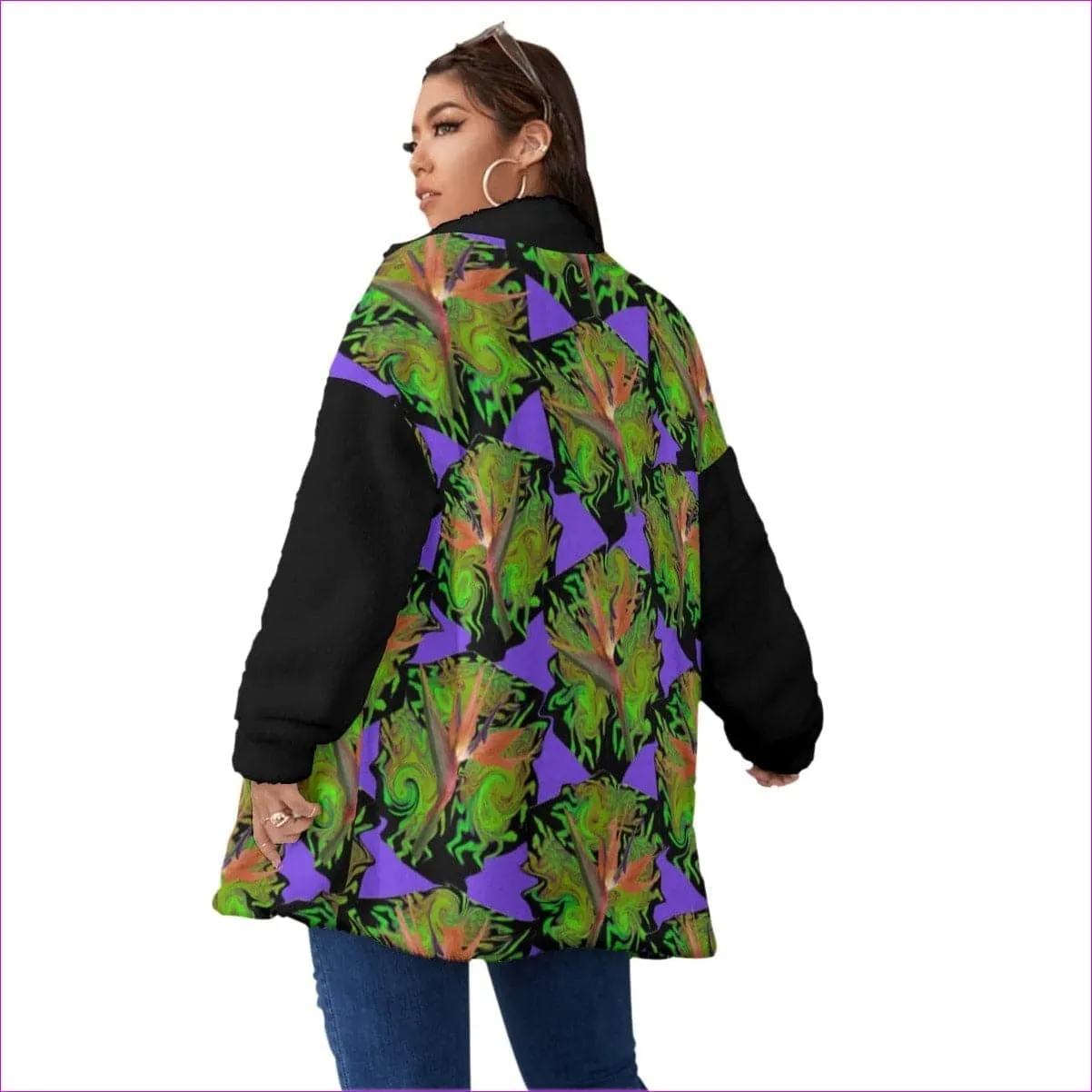 Psychedelic Paradise Womens Borg Fleece Stand-up Collar Coat With Zipper Closure (Plus Size)