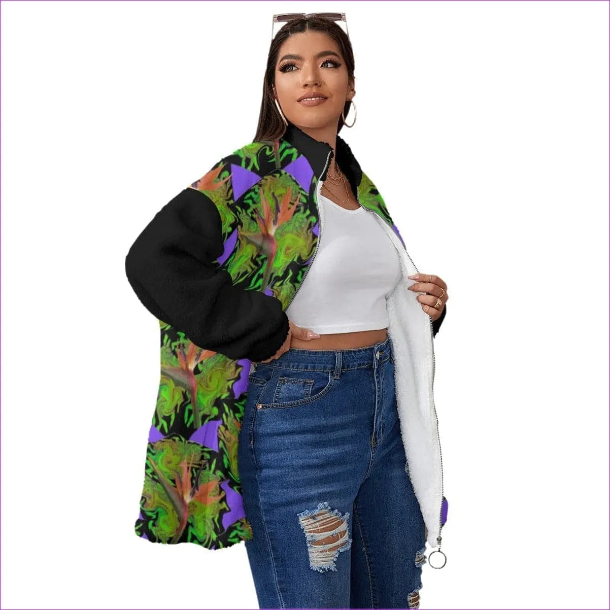 Psychedelic Paradise Womens Borg Fleece Stand-up Collar Coat With Zipper Closure (Plus Size)