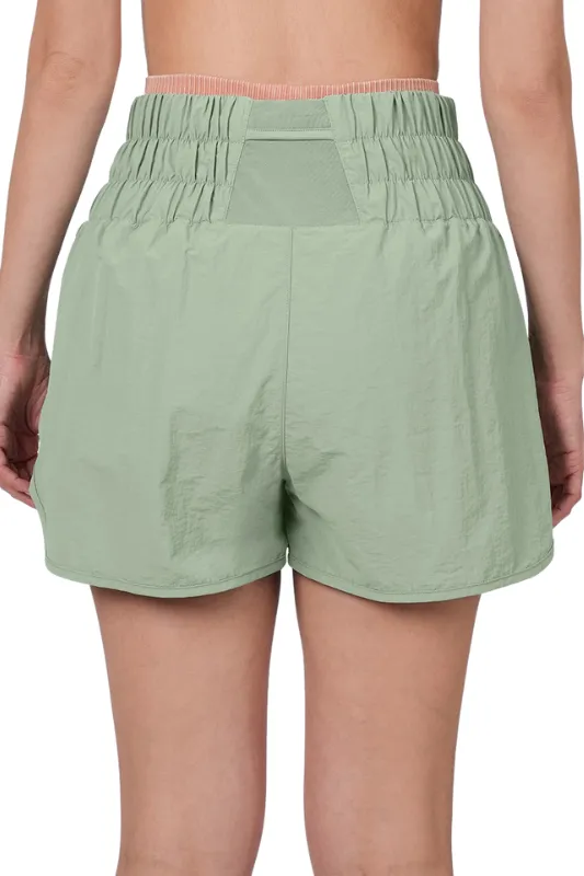 Sage High Waisted Windbreaker Running Shorts - Smocked Waistband