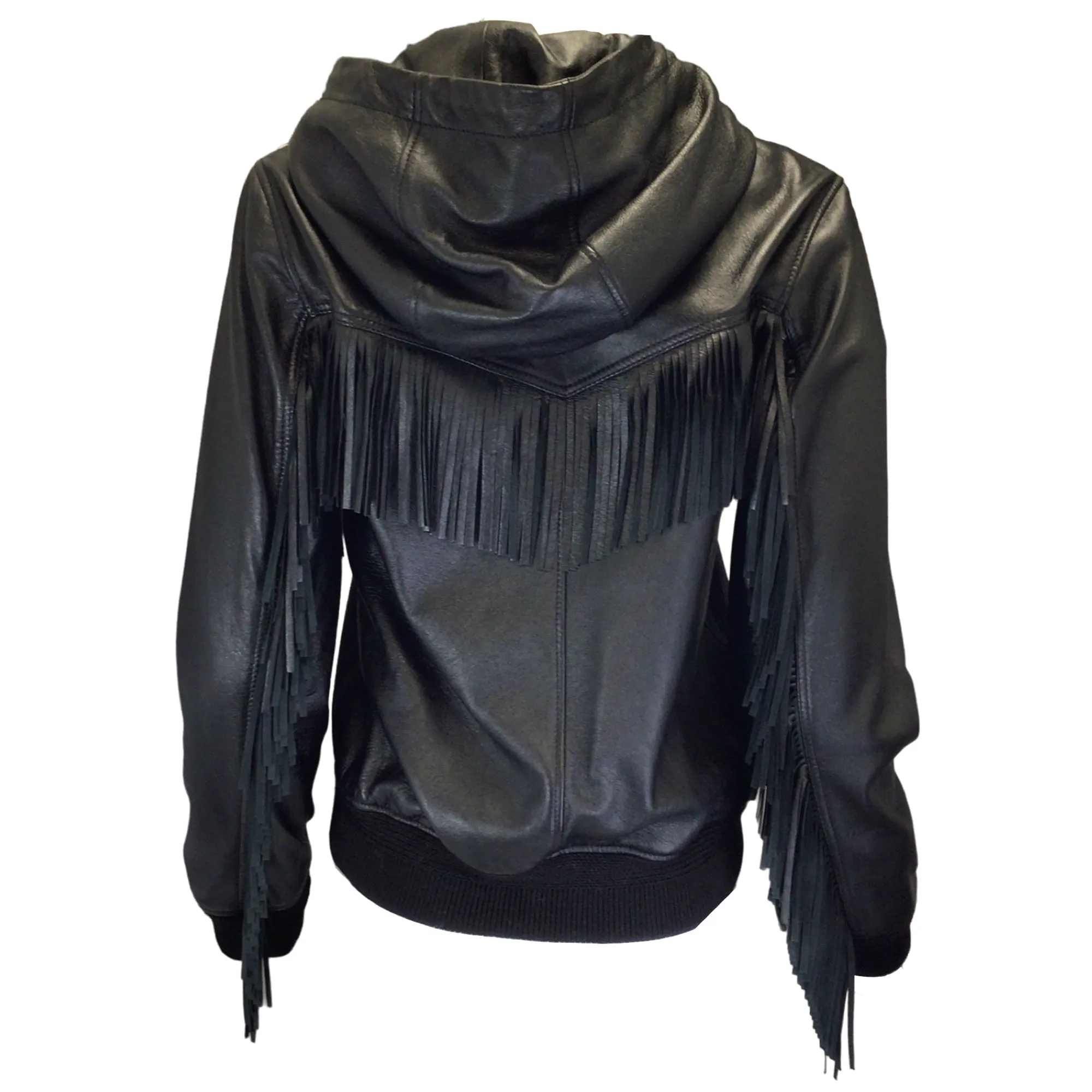 Saint Laurent Black Fringe Detail Hooded Full Zip Lambskin Leather Jacket