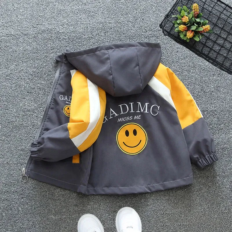 Spring and Autumn Girls Children's Casual Letter Smiling Face Long sleeved Hooded Zipper Coat Children's Clothing