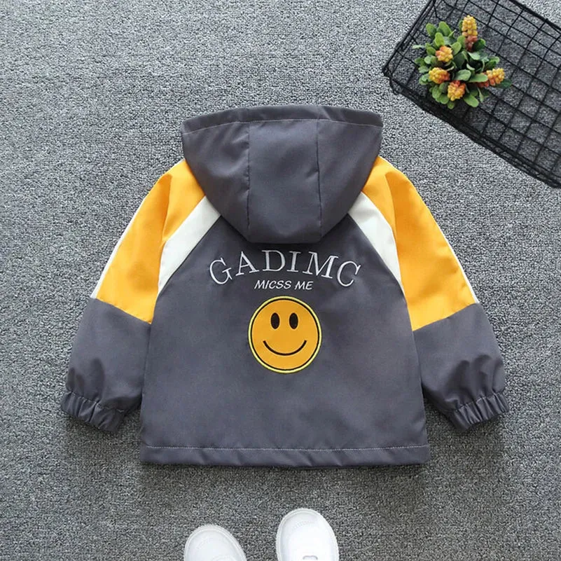 Spring and Autumn Girls Children's Casual Letter Smiling Face Long sleeved Hooded Zipper Coat Children's Clothing