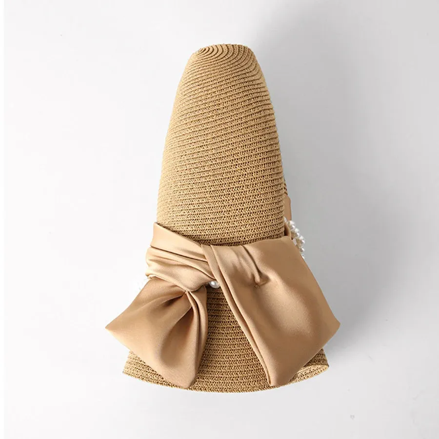 Spring Summer Fragrant Breeze Pearl Bow Sun Protection Straw Hat