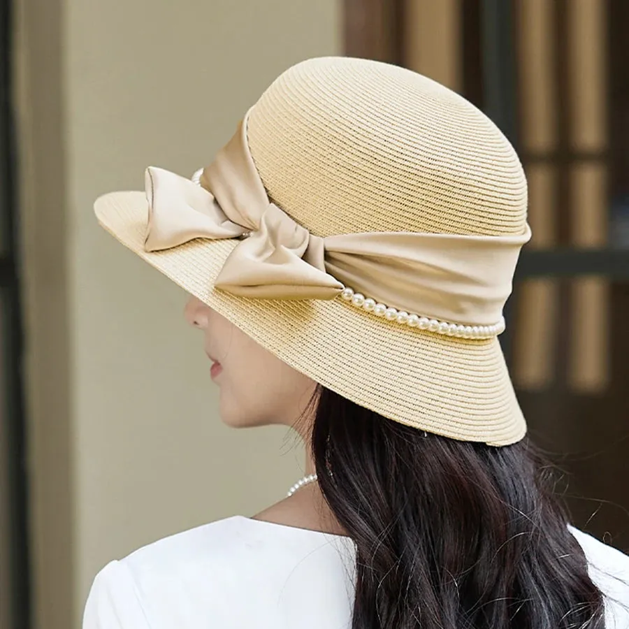 Spring Summer Fragrant Breeze Pearl Bow Sun Protection Straw Hat