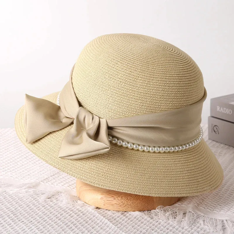 Spring Summer Fragrant Breeze Pearl Bow Sun Protection Straw Hat