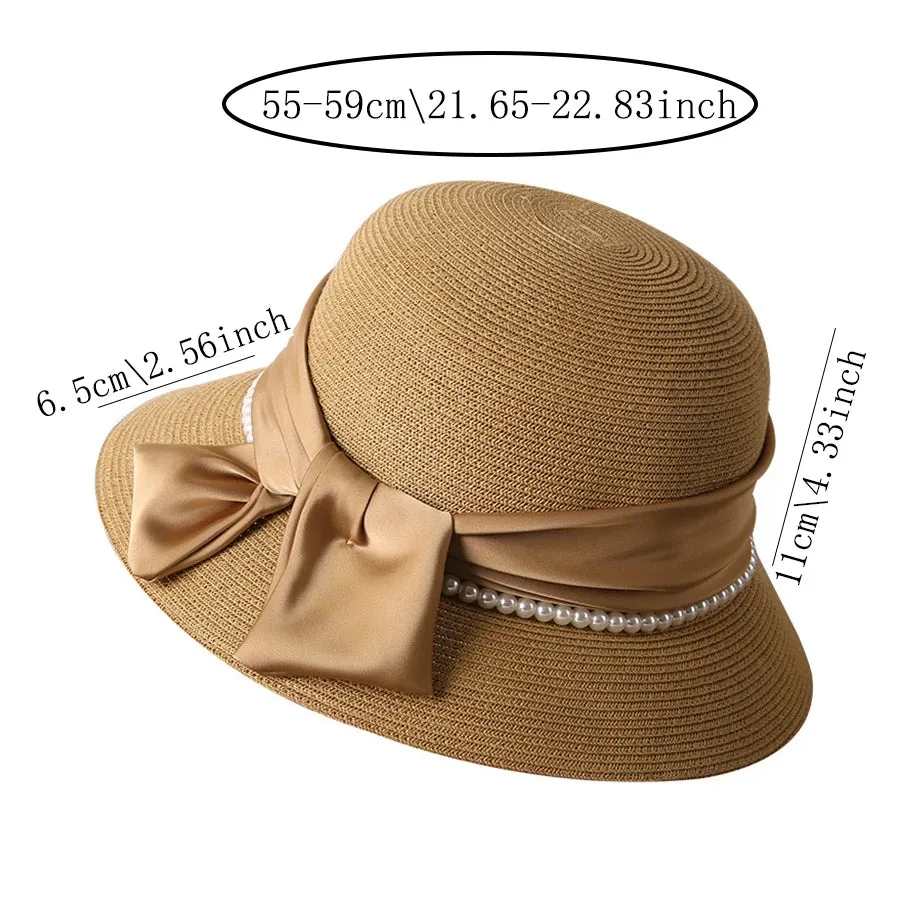 Spring Summer Fragrant Breeze Pearl Bow Sun Protection Straw Hat