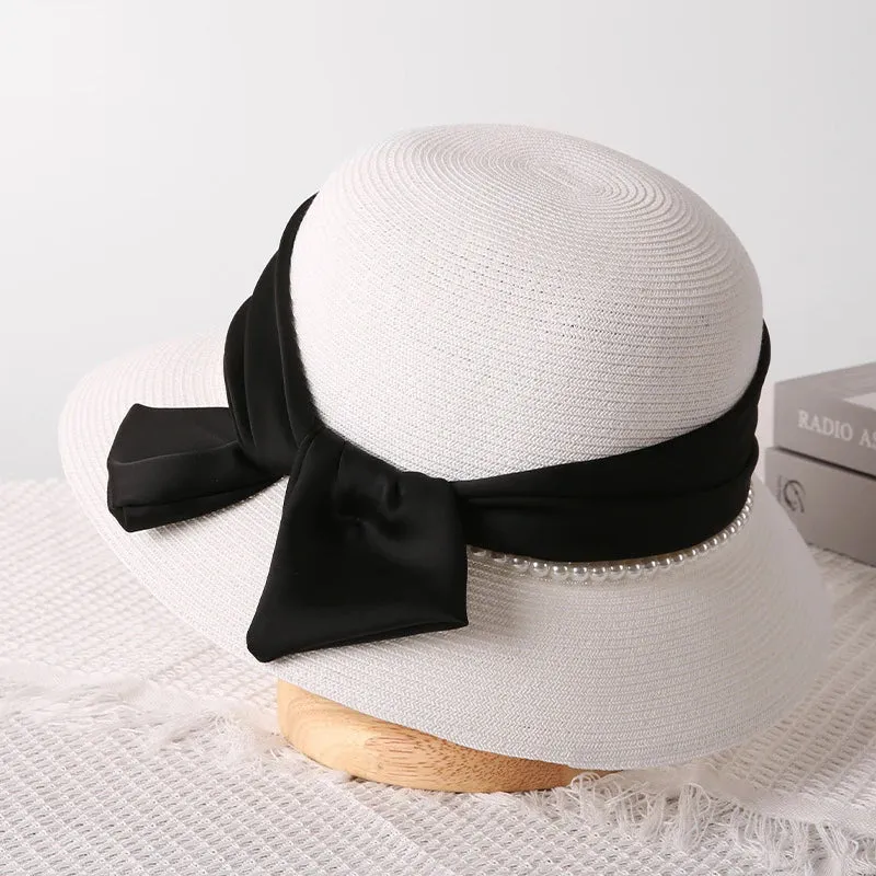 Spring Summer Fragrant Breeze Pearl Bow Sun Protection Straw Hat