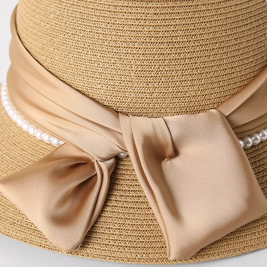 Spring Summer Fragrant Breeze Pearl Bow Sun Protection Straw Hat