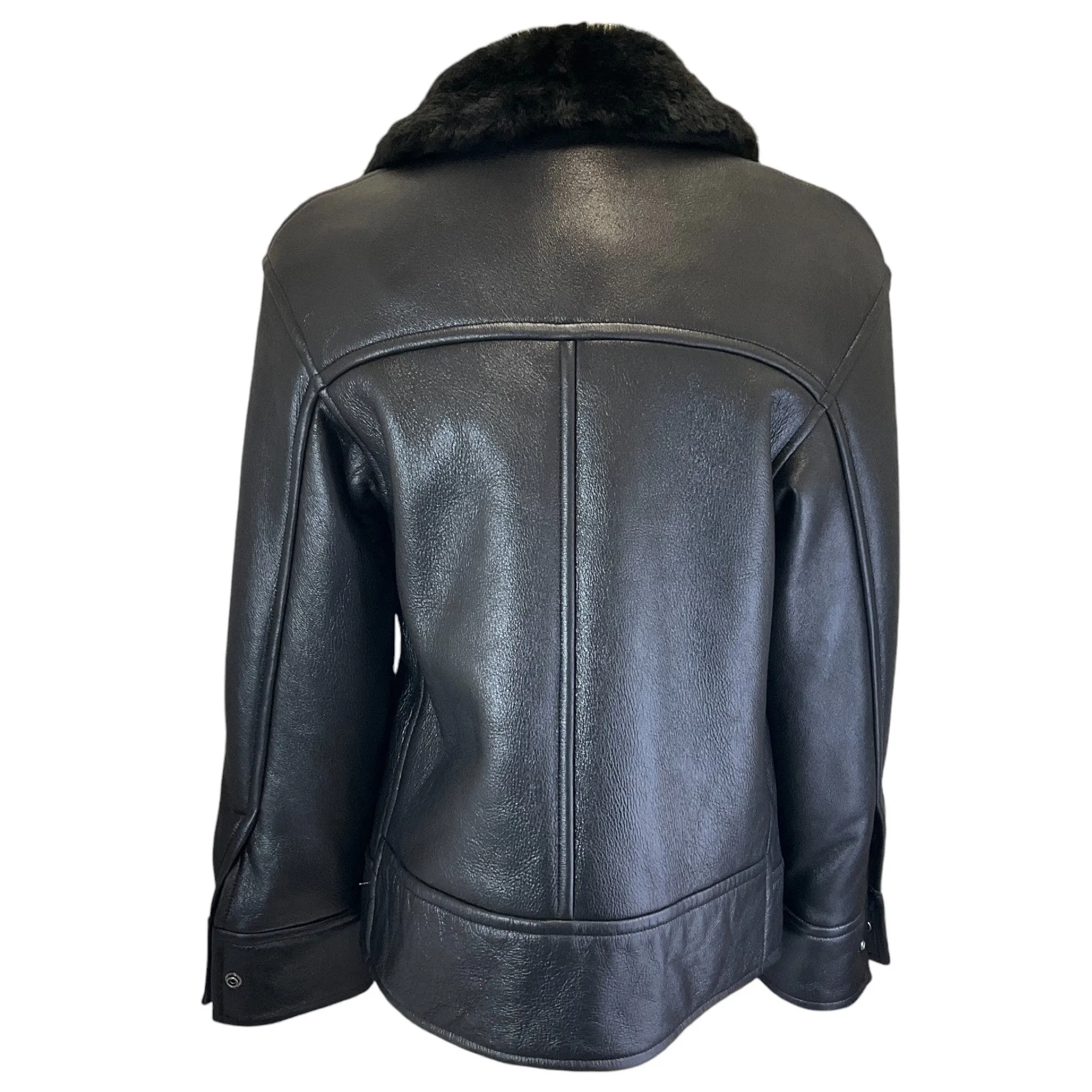 Theory Black High Shine Shearling Leather Moto Jacket