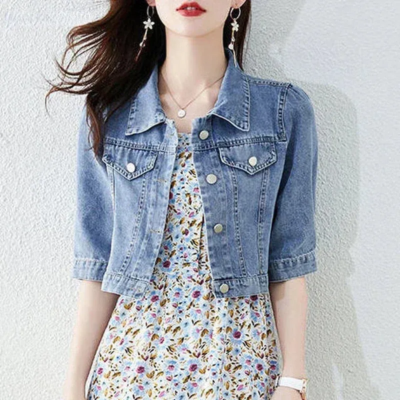 Vintage Crops Trendy Turn Down Collar Jackets Women Basic Solid Outwear Half Sleeve Denim Fit Harajuku Street Denim Jacket Women