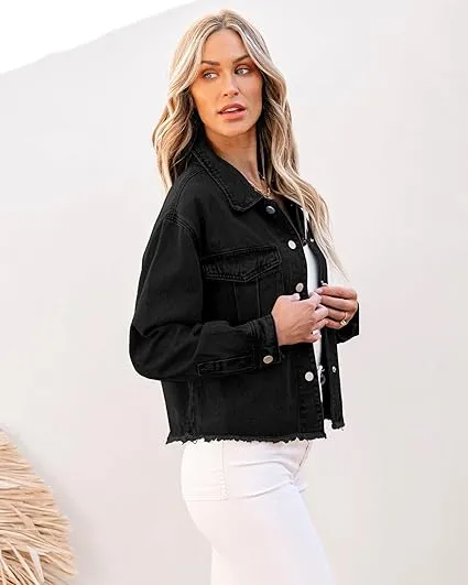 Washed Black Women's Denim Collared Jacket With Flap Pocket Button UP Raw Hem Detail Long Sleeve Jean Jackets