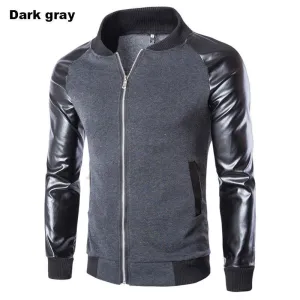 Winter Spring Casual Stand Collar Men's jacket  Spell leather metal zipper design  High Quality Men Jacket Coat