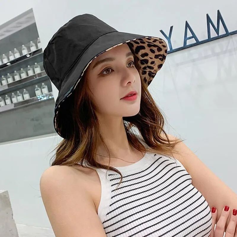 Women Leopard Print Bucket Comfortable Breathe Foldable Men Beach Flat Top Sun Fishing Hat High Quality Flat Panama Hat Street