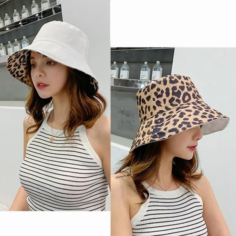 Women Leopard Print Bucket Comfortable Breathe Foldable Men Beach Flat Top Sun Fishing Hat High Quality Flat Panama Hat Street