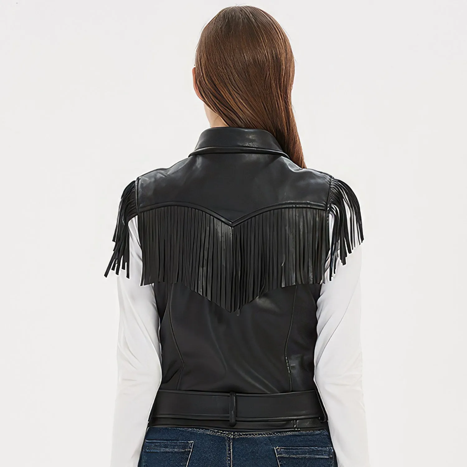 Women’s Black Genuine Sheepskin Vest Tassels Sleeveless Sporty Moto Rider Mid-Western Slim Fit Fringe Leather Waistcoat