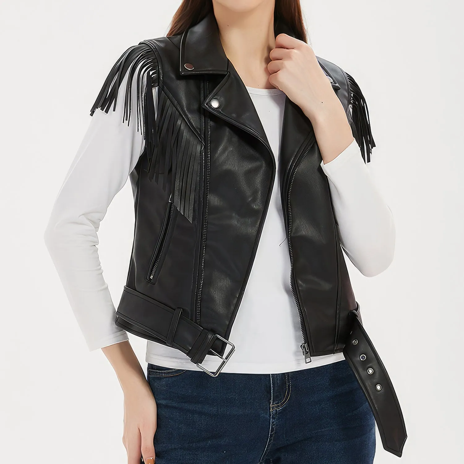 Women’s Black Genuine Sheepskin Vest Tassels Sleeveless Sporty Moto Rider Mid-Western Slim Fit Fringe Leather Waistcoat