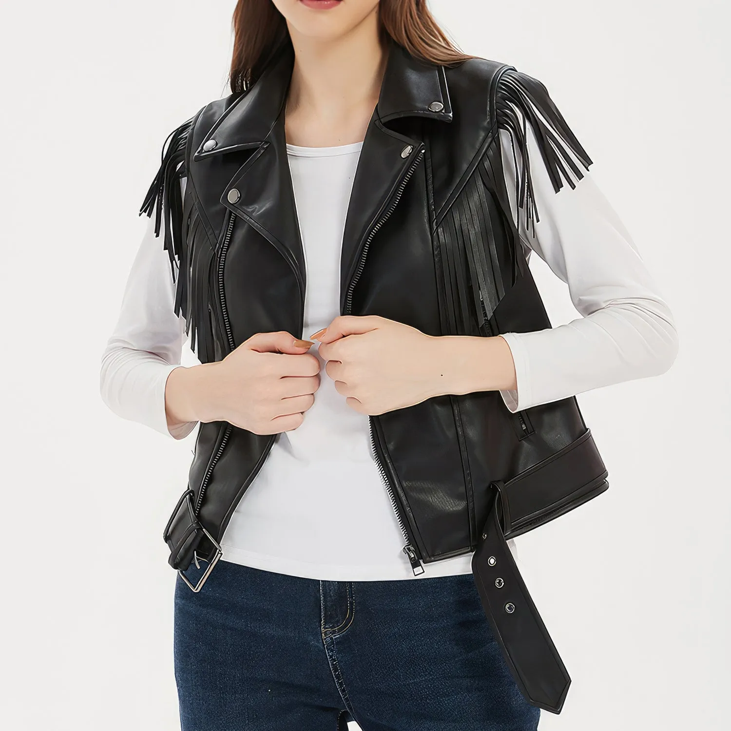 Women’s Black Genuine Sheepskin Vest Tassels Sleeveless Sporty Moto Rider Mid-Western Slim Fit Fringe Leather Waistcoat