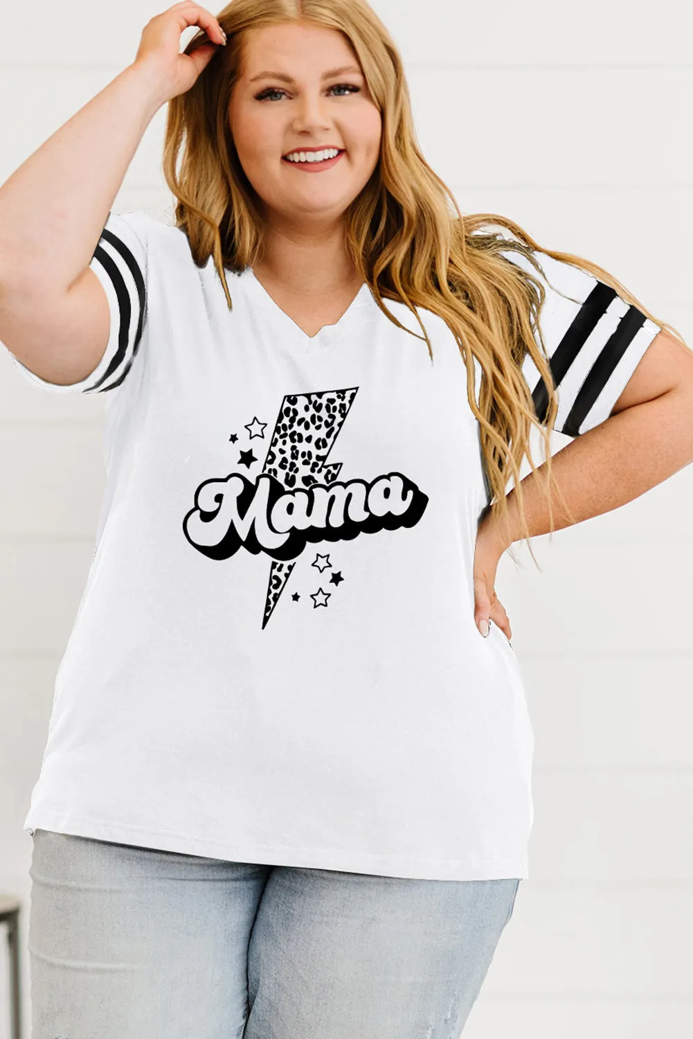 Women's Leopard Bolt Mama Varsity Striped Sleeve Plus V Neck Tee